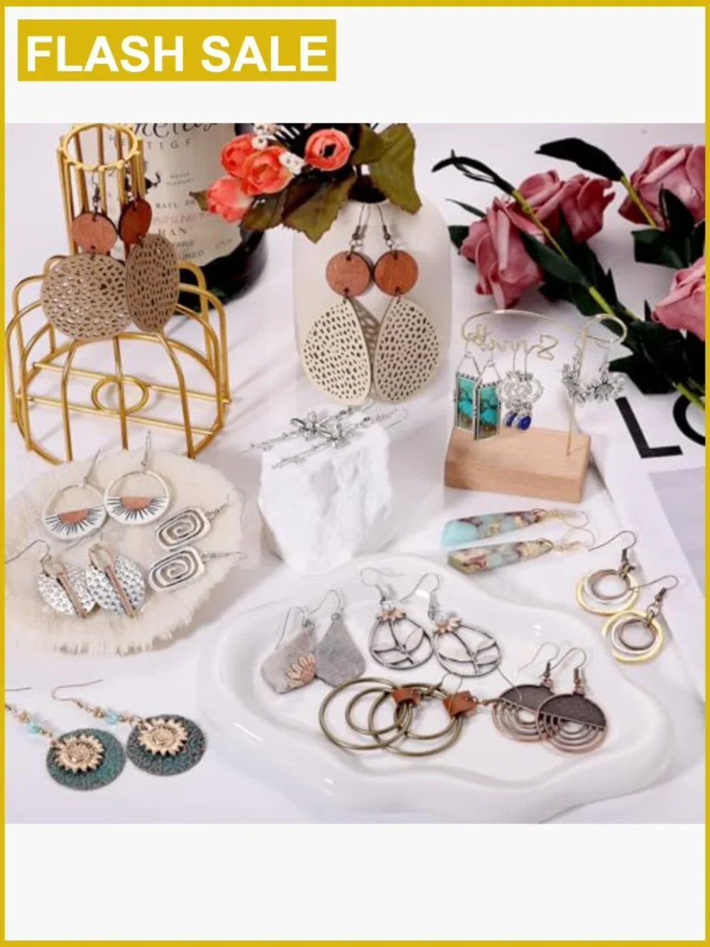16 Pairs Boho Dangle Earrings, Wooden Leather Geometric Statement Jewelry